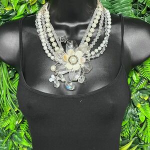 Multi Strand Statement Necklace Faux Pearl Crystal Flower White Silver Tone 3788